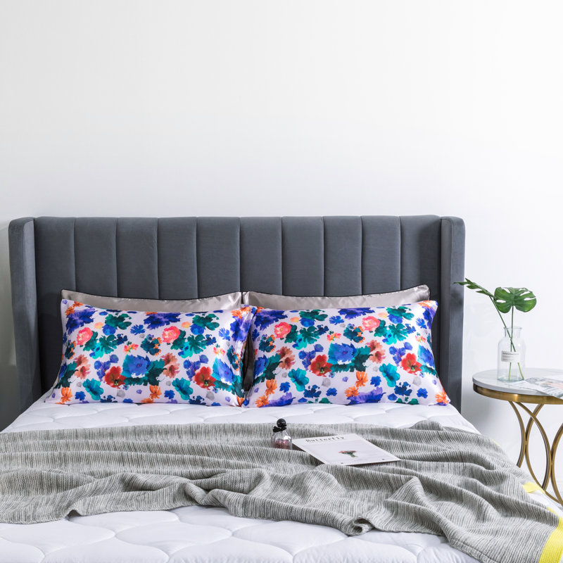 Taie d'oreiller à motif floral, Blanc / bleu / orange