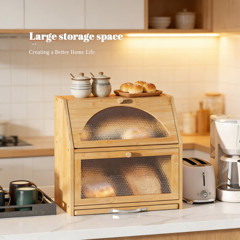 Boîte à pain en bambou avec planche à découper intégrée, très grand bac de rangement à pain double couche avec porte en acrylique pour l'organisation du comptoir de cuisine