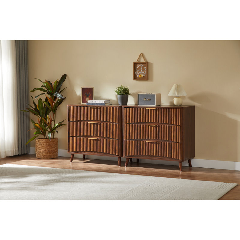Ensemble de commode 3 tiroirs cannelés, commode de style Mid-Century moderne avec rainures verticales, armoire de rangement en bois massif avec poignées en métal