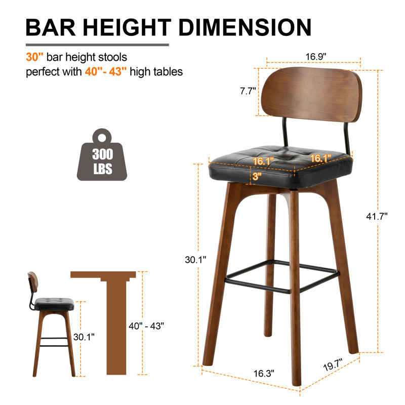 Ikhlas Swivel Bar Stool, 2, Bar Stool (30" Seat Height), Black Seat/Brown Frame