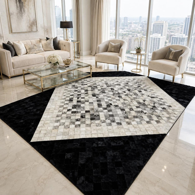 Tapis patchwork en cuir de vache véritable noir et blanc, 8 x 10 ft
