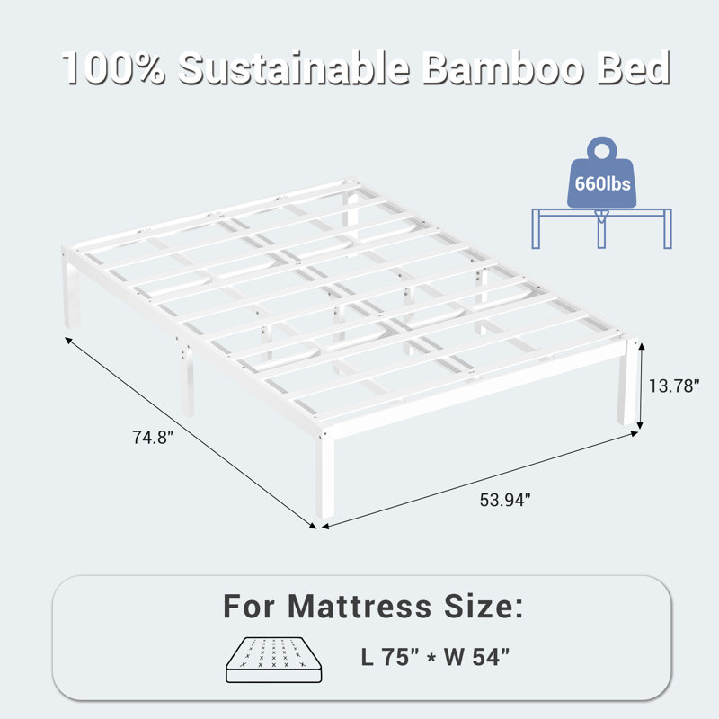 Base de lit Lits plateforme en bois de bambou avec support à lattes, Blanc,  Double