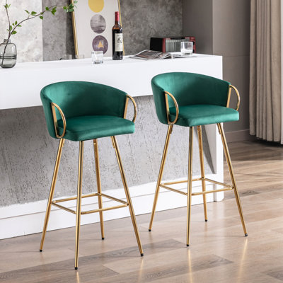 2 tabourets de bar, 26 pouces, revêtement en velours avec repose-pieds et base, pieds dorés, option de sièges de qualité