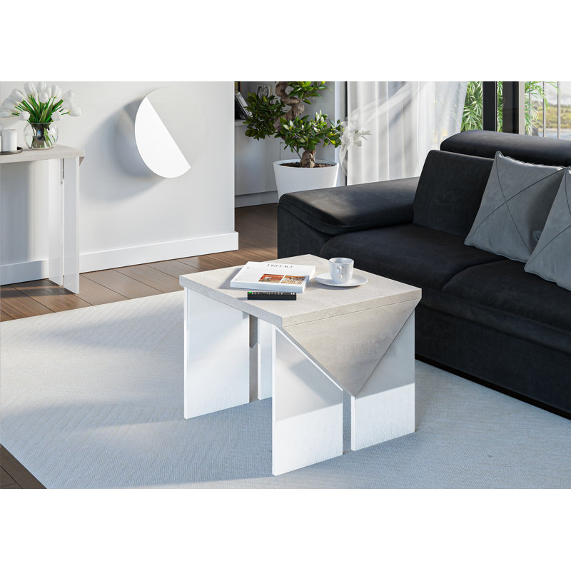 Trip Solid Coffee Table with Storage, 50cm H x 60cm W x 60cm D, Concrete Flow Top/White Gloss Base