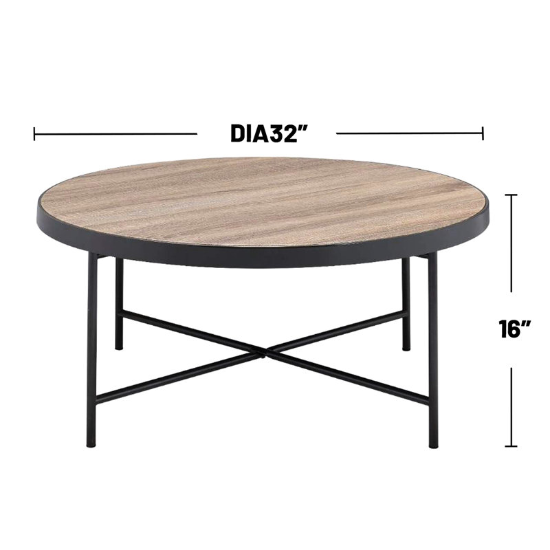 Round Coffee Table With Metal Frame And Weathered Gray Oak Top, Kd Assembly, Industrial Look For & End Tables In Home Trim Finish, 32 Inch Product Depth Width, 16 Height