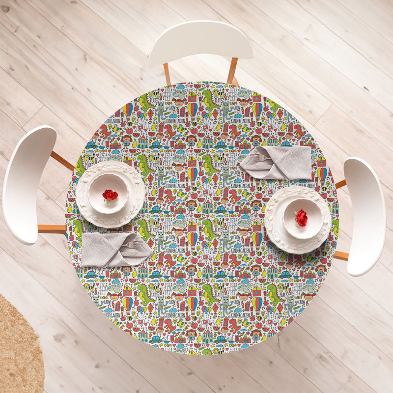 Cartoon Fitted Round Tablecloth White Multicolor, 64.17" Round