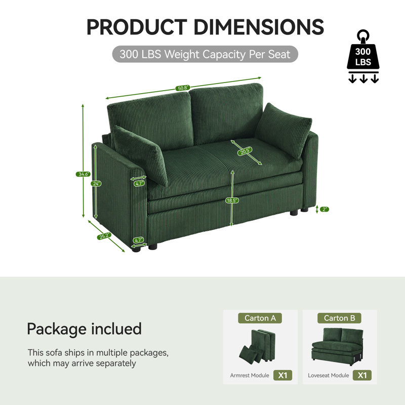 Causeuse modulaire 50,8 po avec coussin à deux couches - Canapé 2 places en velours côtelé, Vert