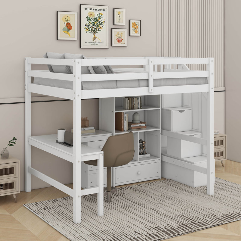 Lit mezzanine double avec bureau et tiroirs, Blanc