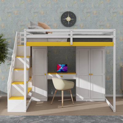 Lit mezzanine double avec escalier de rangement, meuble-lavabo combiné avec miroir et tiroir, garde-robe et armoires, ainsi que charge et éclairage USB
