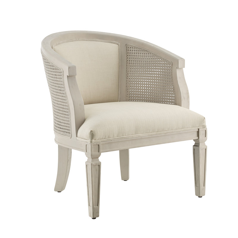 Fauteuil d'appoint demi-tonneau rembourré en rotin et en bois Alaraph, Blanc cassé