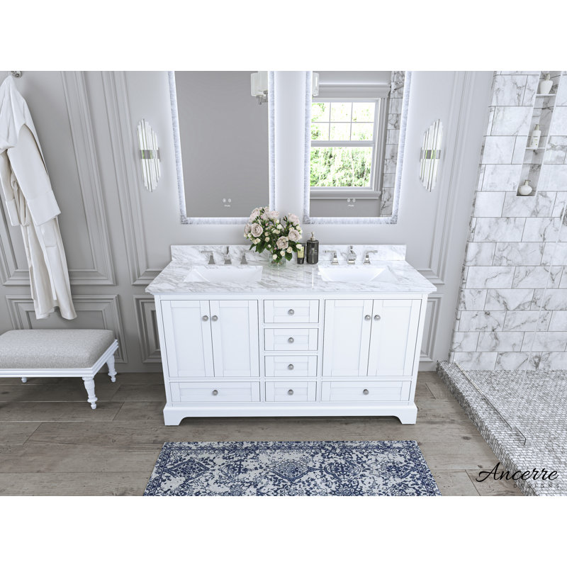 Audrey 66'' W Double Vanity, White| Brushed Nickel, Carrara White