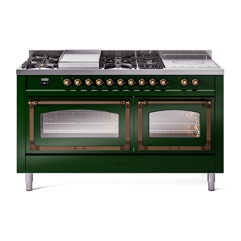 ILVE Nostalgie II Noblesse 60 in Dual Fuel Range 7 Burner, Griddle, Frenchtop, Liquid Propane, Antique White/Burnished