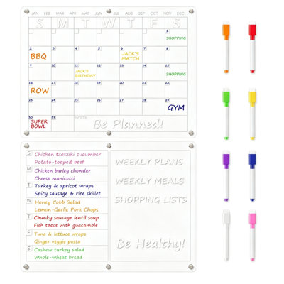 Clear Acrylic Magnetic Fridge Calendar & Meal Planner, Double Monthly & Weekly Dry Erase Refrigerator Menu Board for Kitchen, Comes with 8 Color Markers