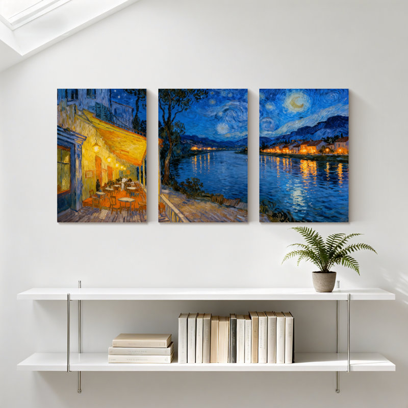 Abstrait, nuit étoilée, café, terrasse, scène de rivière, ensemble de 3 impressions sur toile, H 18 po x l 36 po