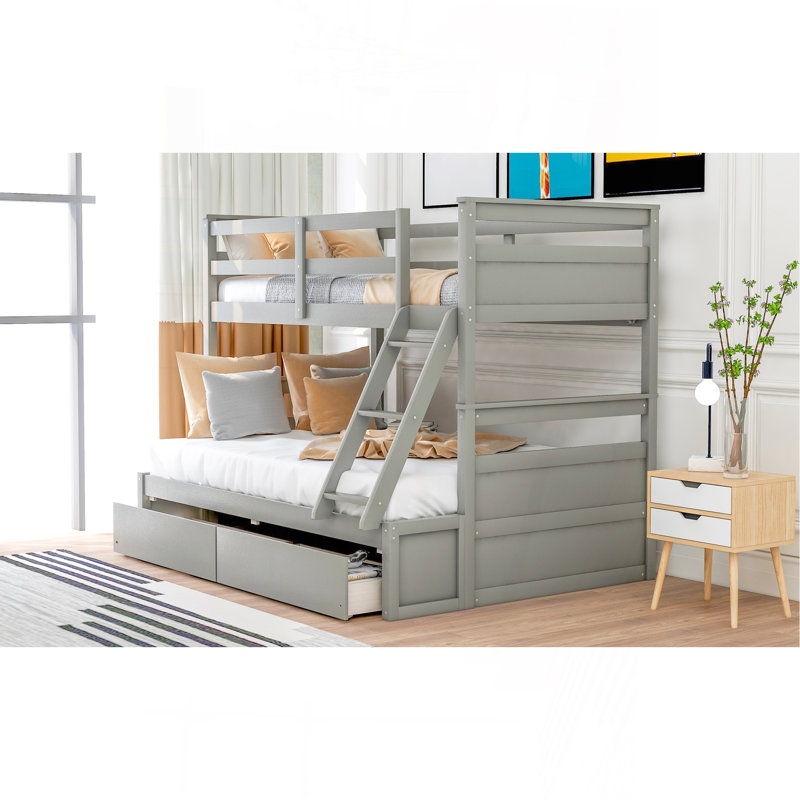 Lit simple superposé au dessus d'un lit double avec rangement - Gris, Grey