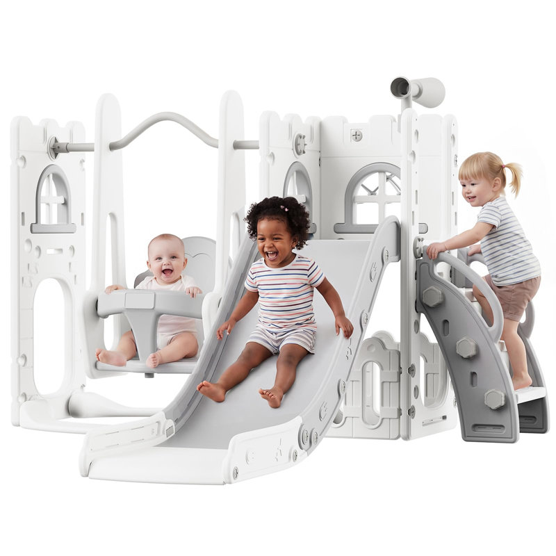 Portique de jeu 7 en 1 pour tout-petits pour l'intérieur et l'extérieur, Blanc / Gris