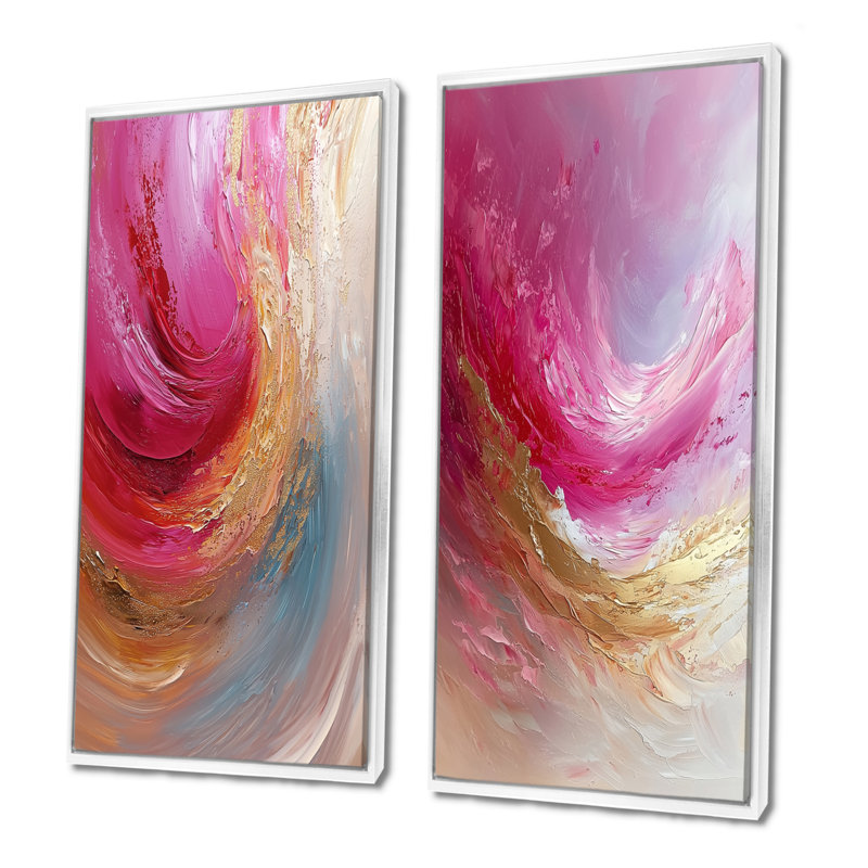Or doré et rose, encre de mer Harmony I - art mural abstrait 2 panneaux, H 28 po x l 25 po, Cadre flottant blanc
