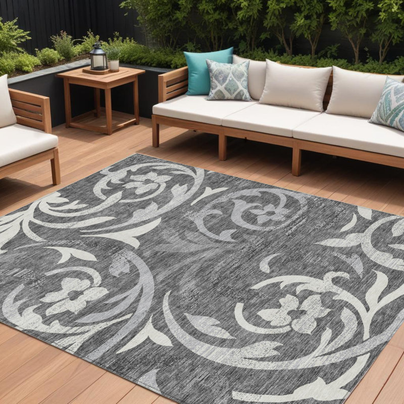Tapis extérieur lavable floral gris anthracite argenté et gris 9 pi x 12 pi