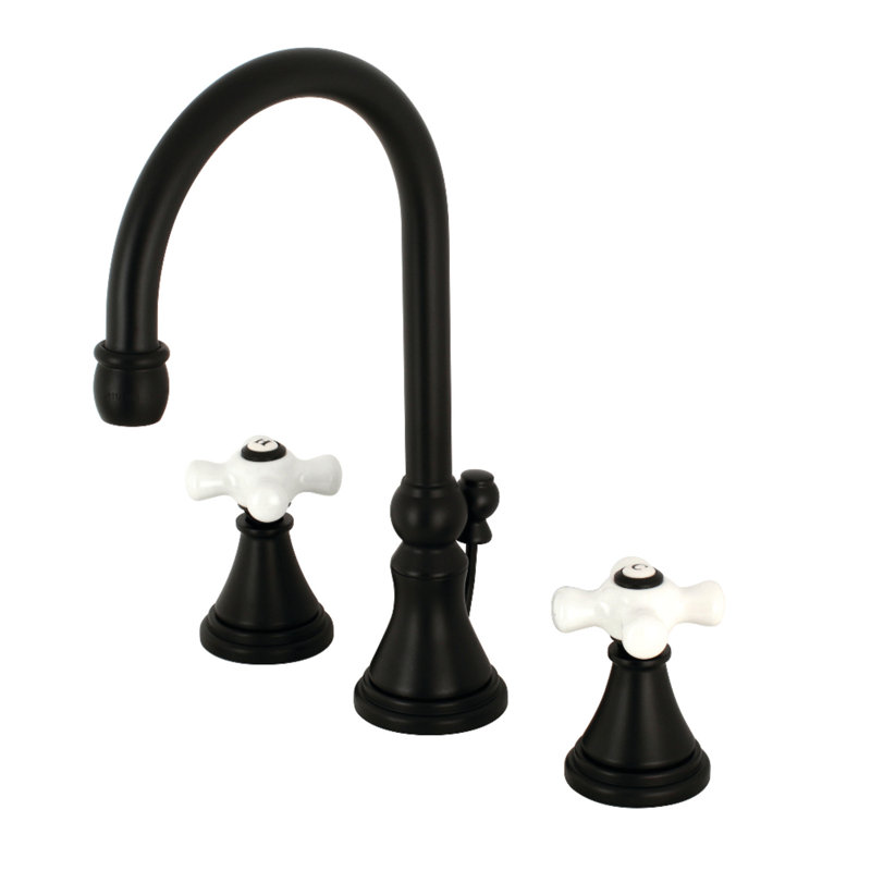 Kingston Brass Governor Two-Handle 3-Hole Deck Mount Widespread Bathroom Faucet with Brass Pop-Up Drain, Matte Black