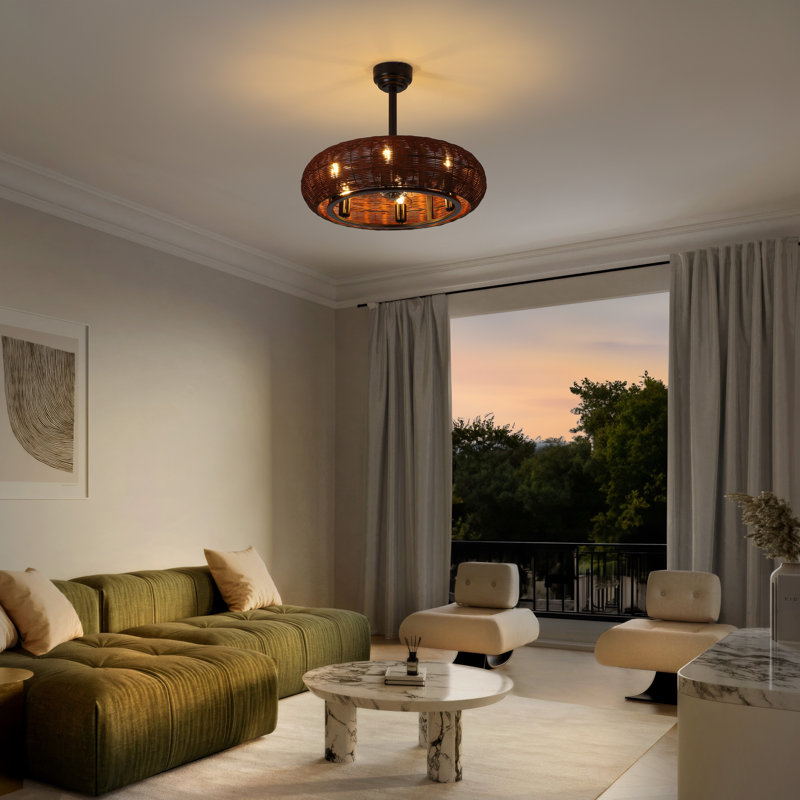 Cassidy 23" 6-Light Modern Bohemian 6-Speed Metal/Rattan Mobile-App/Remote-Controlled Height-Adjustable Lantern LED Ceiling Fan