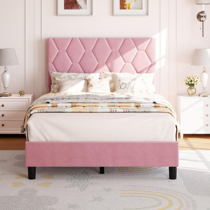 Twin Size Bed Frame with Adjustable Upholstered Headboard, Strong Wood Slats, No Box Spring Needed, Pink