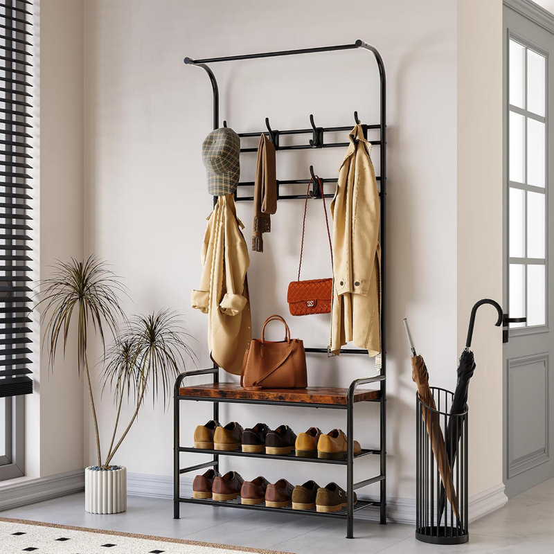 4-in-1 Hall Tree Shoe Bench For Entryway, Coat Tree With Bench Storage Shelf And 8 Hooks, Brown/Black