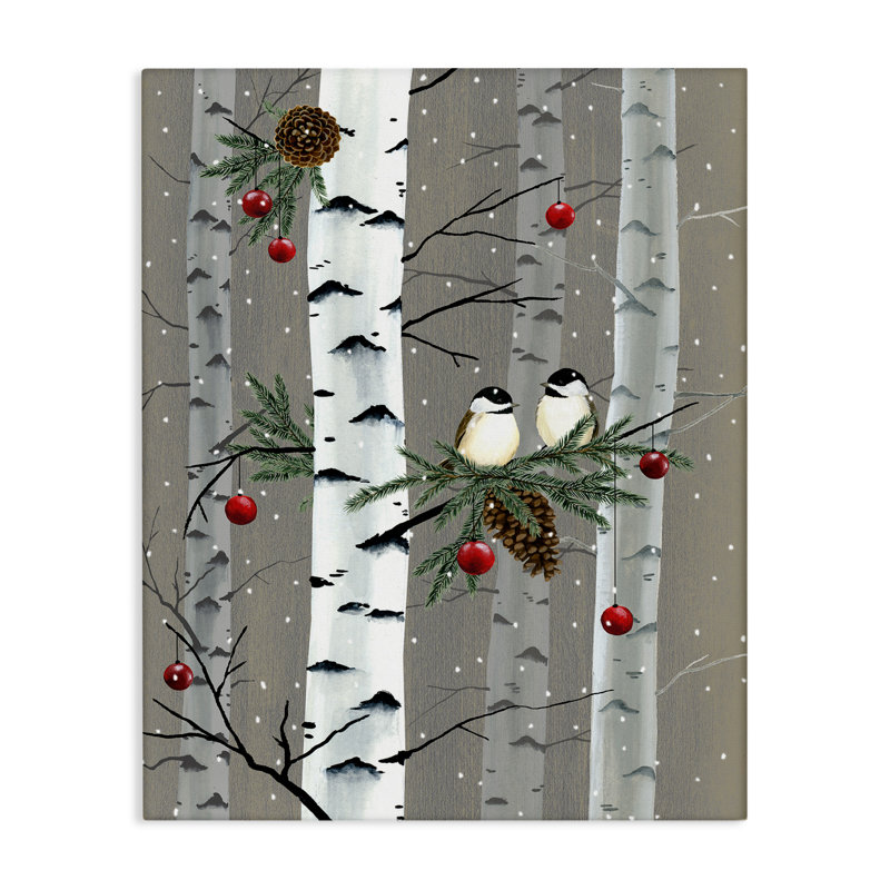 «Birds and Holiday Ornaments Birch Tree Forest» par Grace Popp - impression d'art graphique, H 40 po x l 30 po
