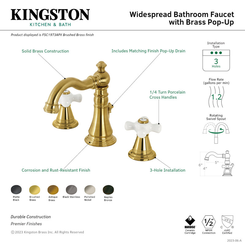 Robinet de salle de bain à large entraxe avec drain American Fauceture Classic, Laiton brossé