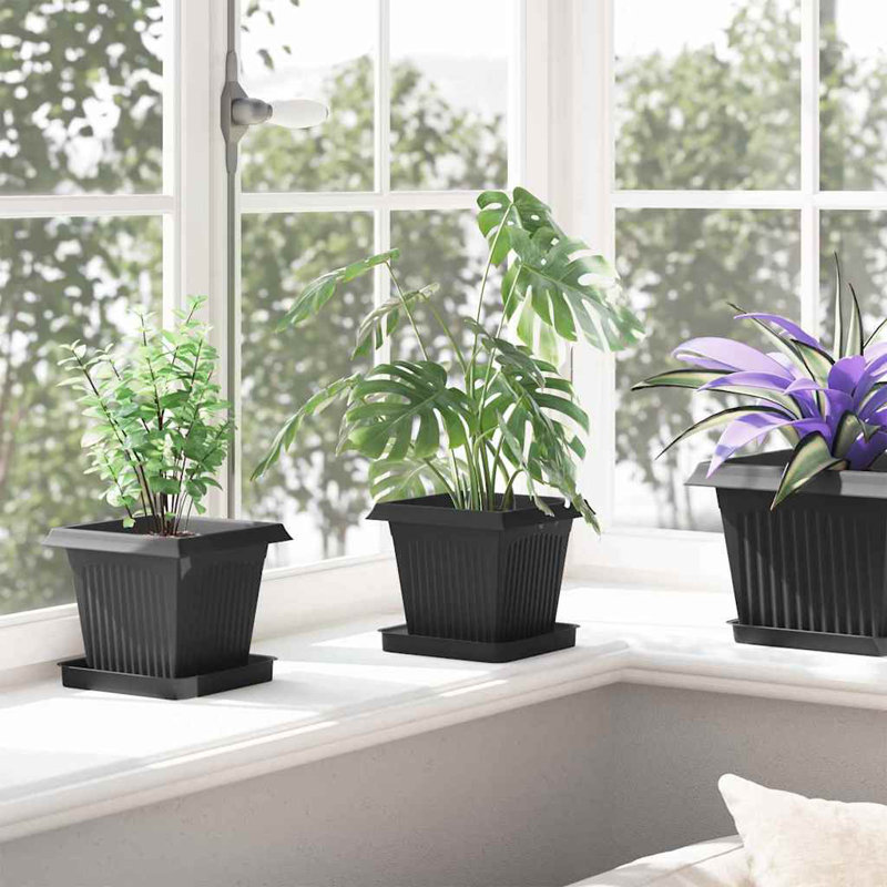  Square Flower Pot 6 Pcs Plastic, Black, 14cm H x 16cm W x 16cm D