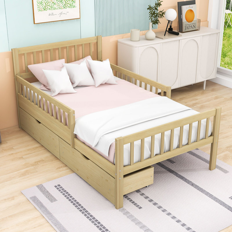 Lit plateforme en bois avec 2 tiroirs et tête de lit, Lit simple