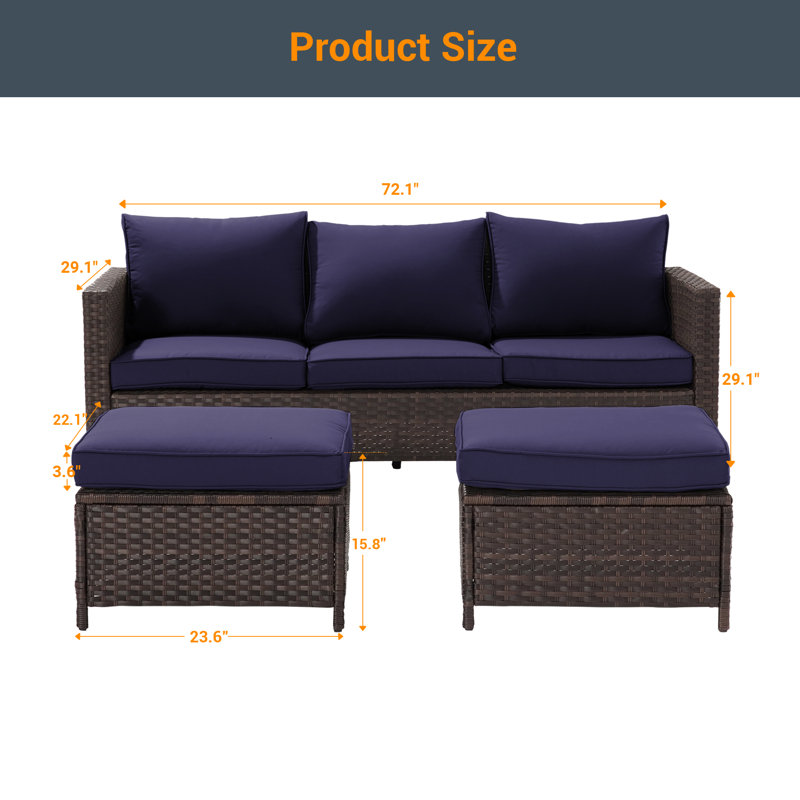 Raelee 3 - Person Patio Conversation Set with Cushions, Navy, Brown