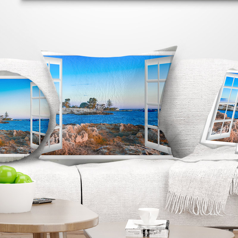 «Open Window to Blue Seashore - Coussin à imprimé paysage», 16 po x 1 po, Coussin décoratif
