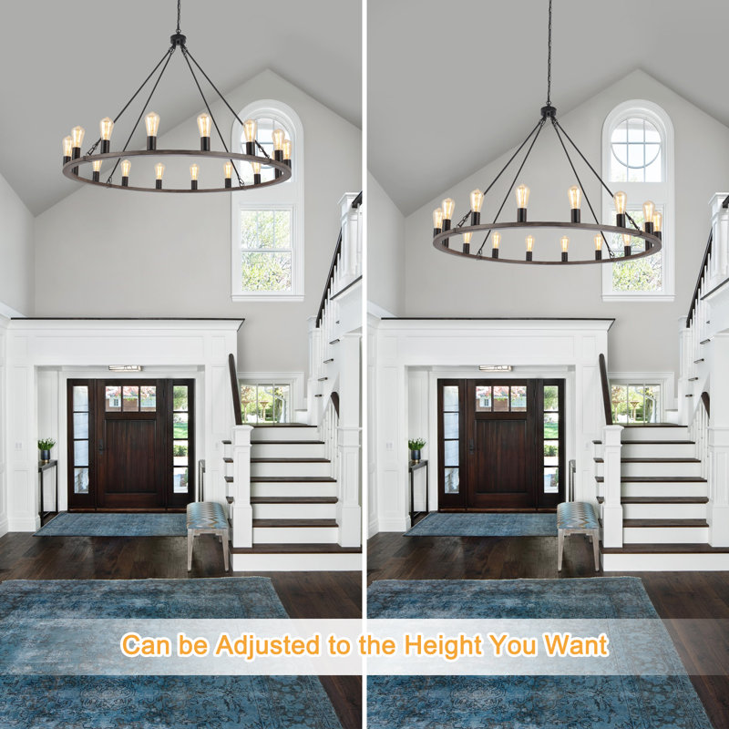 16 - Light 31 inch  Modern Farmhouse Dimmable Wagon Wheel Chandelier for Living Room, Foyer, Entryway, Brown/Black