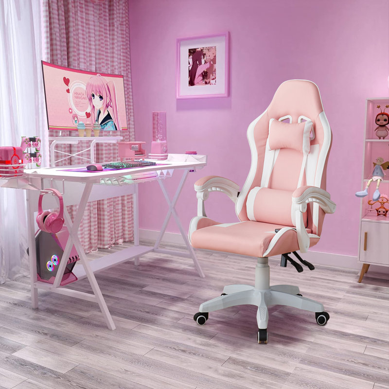 Inbox Zero Adjustable Faux Leather Swiveling PC & Racing Game Chair, Black/Pink, White