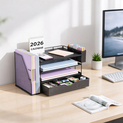 Black 4-Tier Workspace Desk Organiser with File Holder, Drawer and Pen Holder, Desktop Paper & Stationery Storage Caddy for Home and Office Supplies