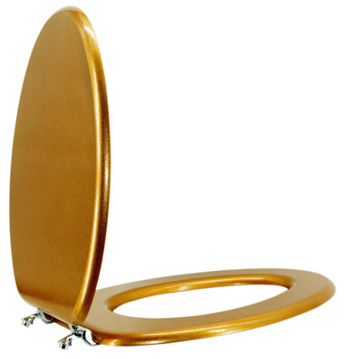 Siège de toilette allongé en bois Empêche le déplacement avec des charnières en alliage de zinc Siège de toilette de taille standard américain Facile à installer et facile à nettoyer (allongé, or classique étincelant)