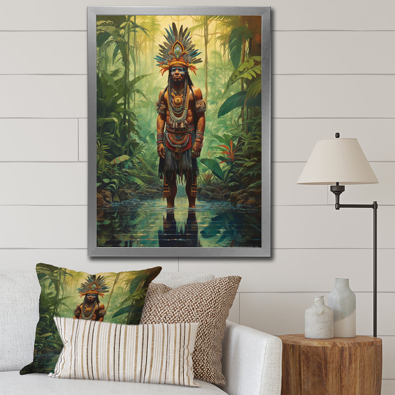Indien, chaman dans la forêt tropicale d'Amazonie I sur toile, Cadre simple argenté, H 40 po x l 30 po x P 1,5 po