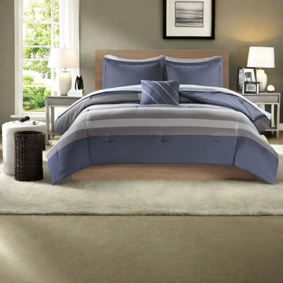 Modern Blue And Grey Striped Bedding Set With Polyester Comforter And Sheets
