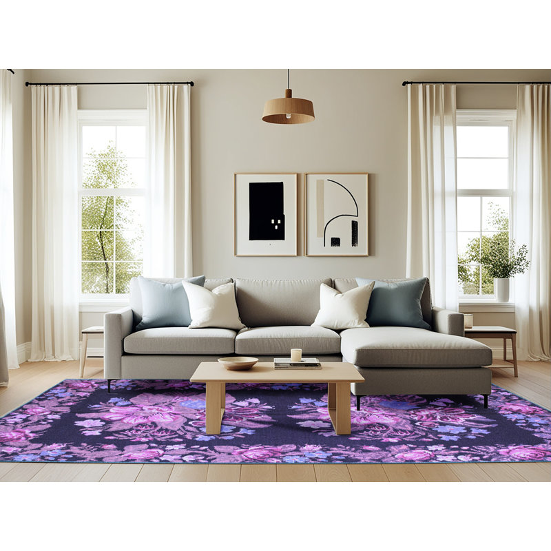 Tapis bleu / noir / rose à motif floral tissé à la machine 6 pi x 9 pi Idola