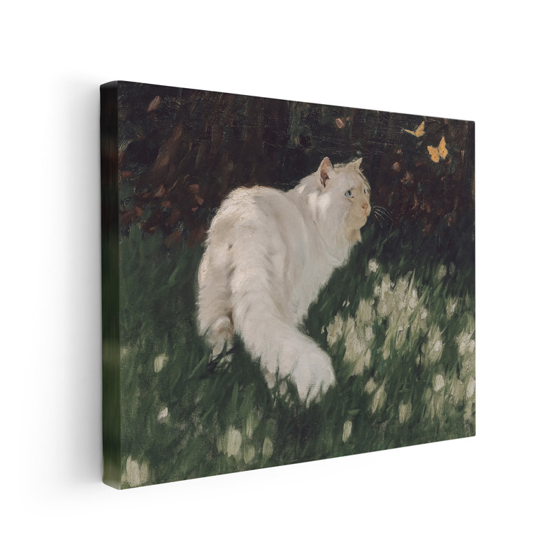 Arthur Heyer - Chat blanc et papillons, Unframed, Canvas, 16"H x 20"W