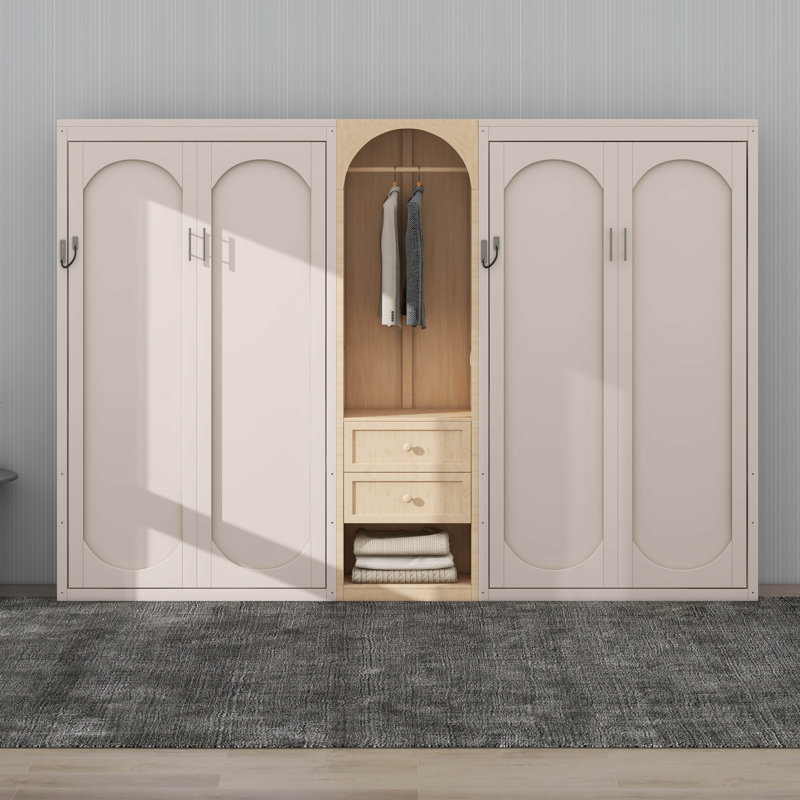 Unité de lit escamotable double pliable avec garde-robe centrale intégrée, tiroirs de rangement et panneaux de rangement suspendus