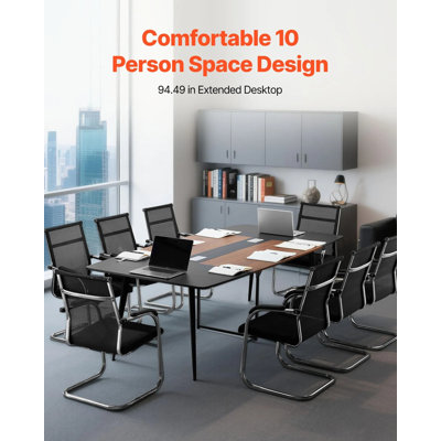Table de conférence, table de réunion de 8 pieds en forme de bateau pour 10 personnes, grand bureau de réunion moderne avec pieds en métal, idéal pour le bureau, la salle de conférence, la salle de conférence, facile à assembler, noir et brun