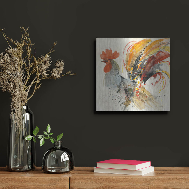 «Festive Rooster 2» par Albena Hristova, art mural en métal, H 12 po x l 12 po