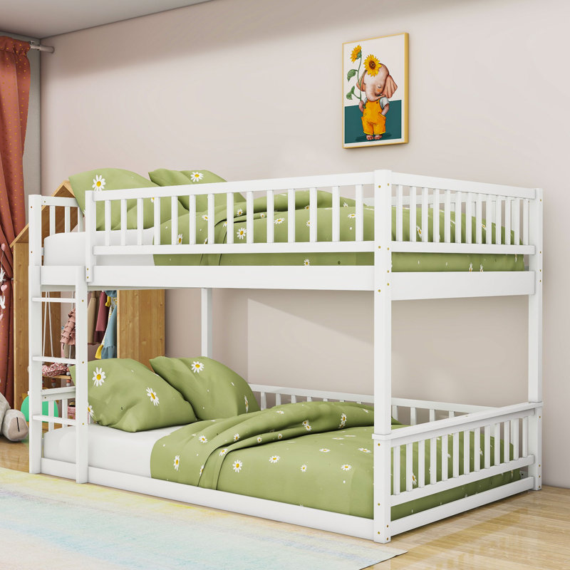 Queen Over Queen Wooden Bunk Bed With Ladder And Slats, White