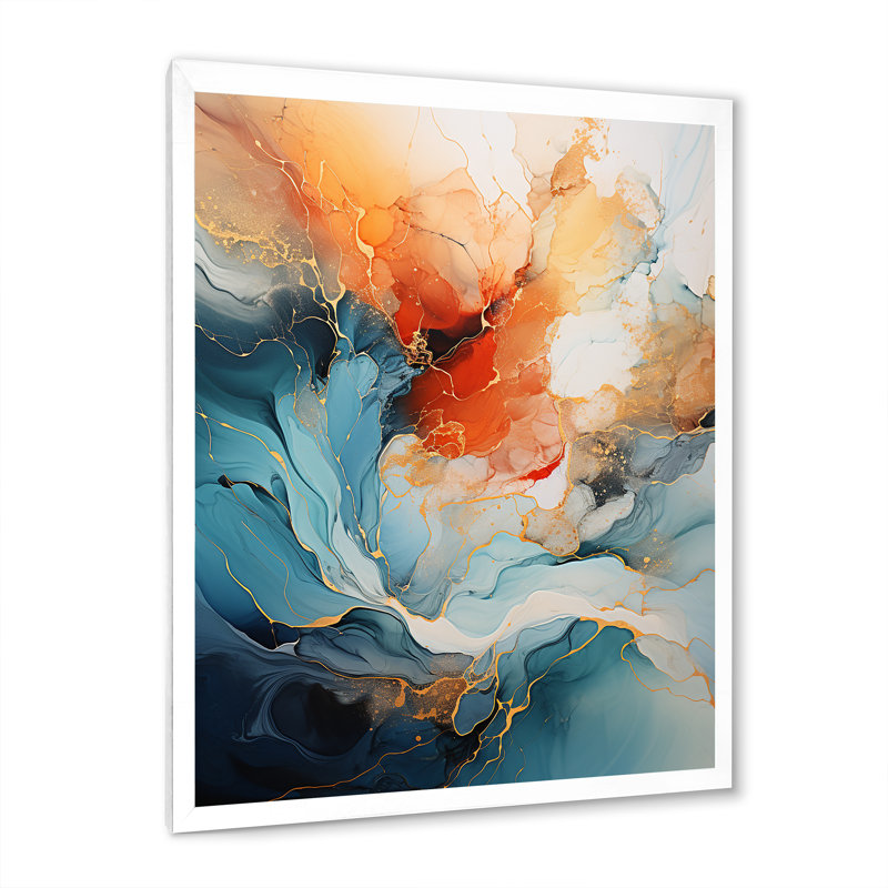 Teal Orange Bold Abstract Flow Collage II - Dams, impressions encadrées, Cadre photo unique, H 32 po x l 16 po, Blanc