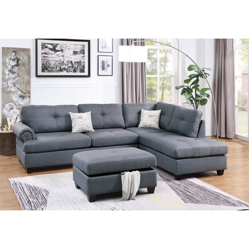 Krout Upholstered L-Shaped Sectional Reversible, Gray Polyester