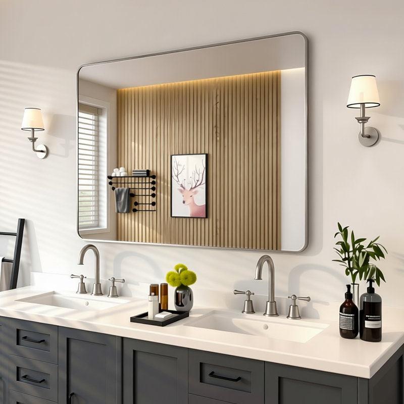 Round Metal Frame Hanging Wall Bathroom Mirror, 36' x 48", Brushed Nickel