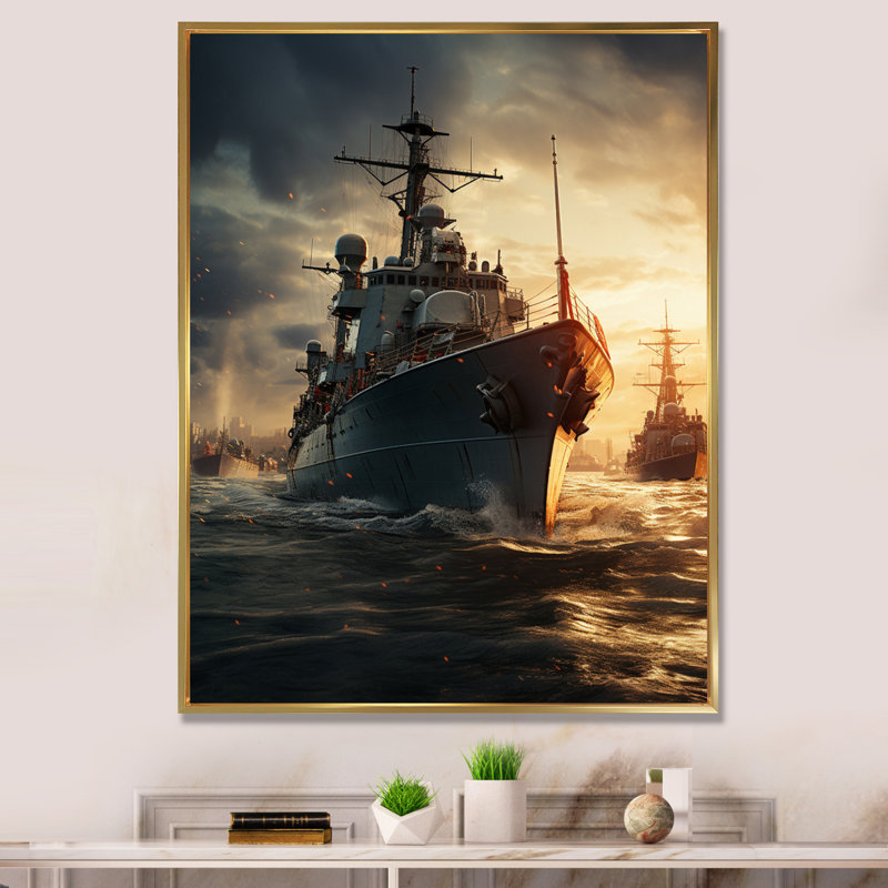 Marine militaire sur toile, Cadre flottant doré, H 20 po x l 12 po x P 1 po