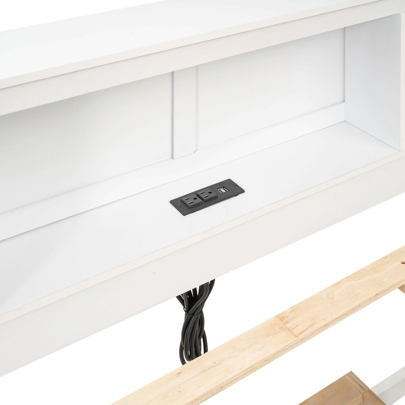 Lit plateforme double avec tête de lit à rangement, USB, lit gigogne simple et 3 tiroirs, Blanc
