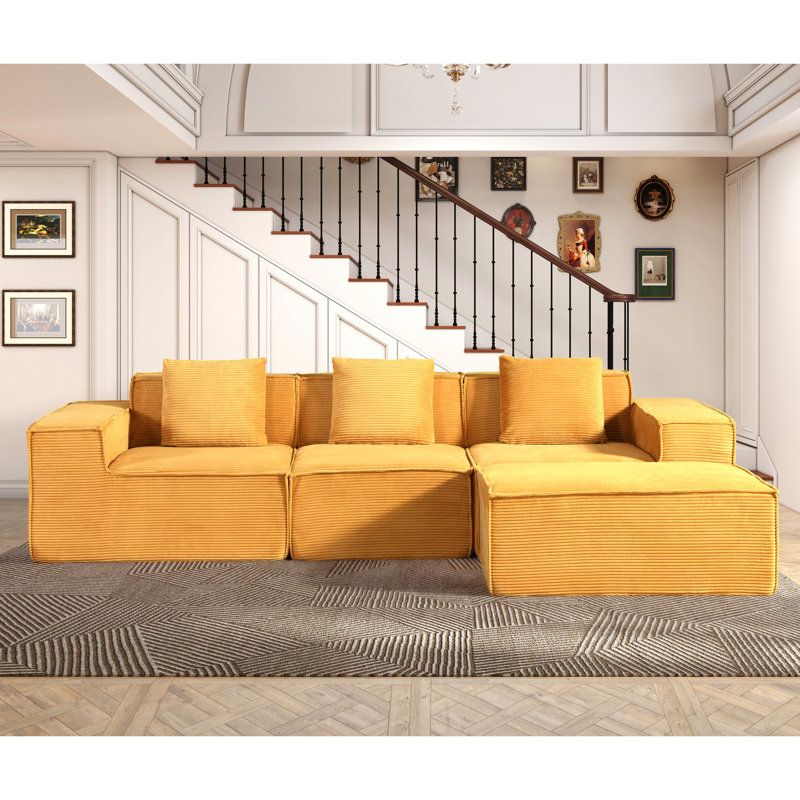 Canapé modulaire en velours côtelé avec et 3 coussins en jaune gingembre